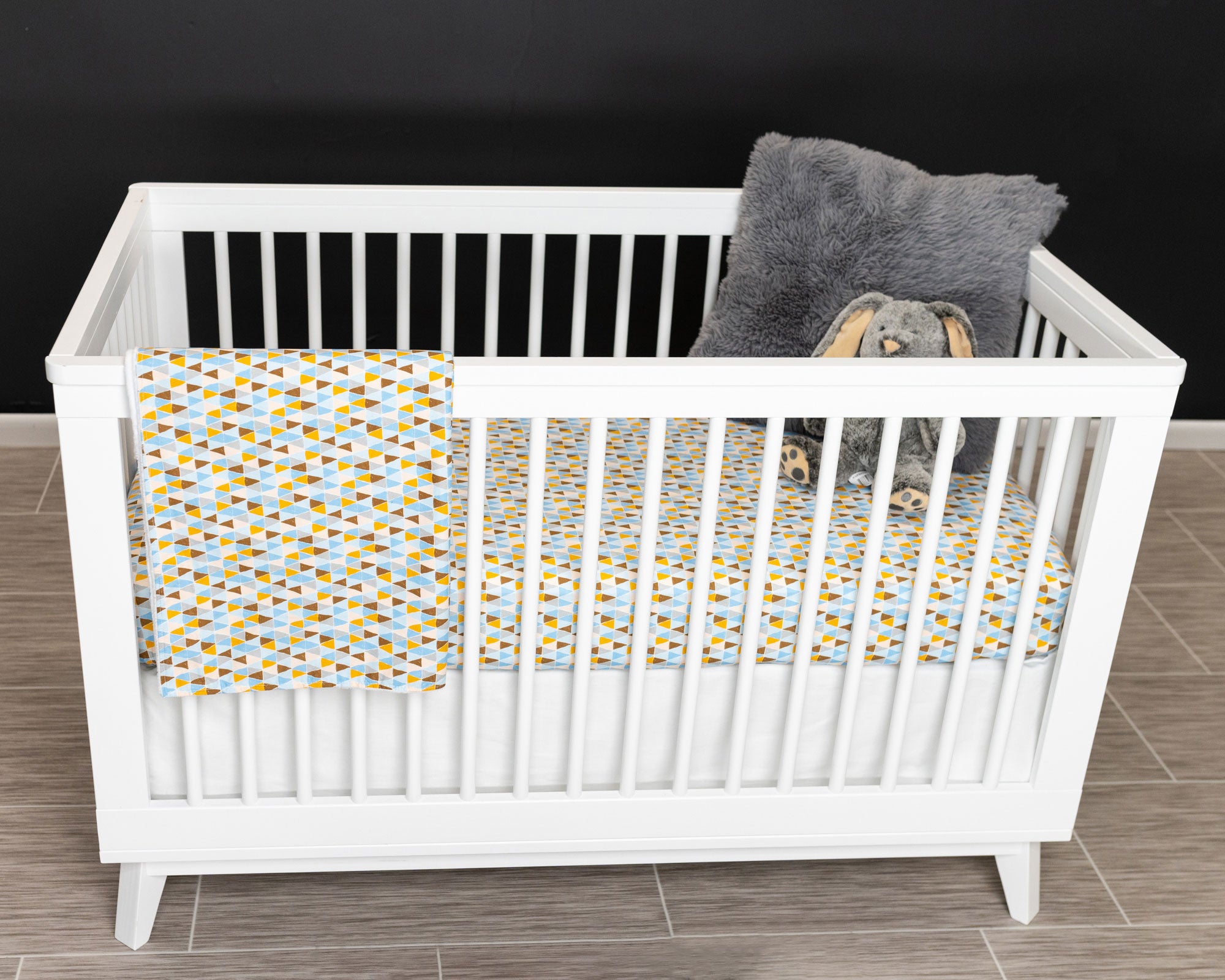 Blue Banners Marching - Classic Nursery Bedding Set - Blue/Topaz/Umber Triangles - Olli+Lime